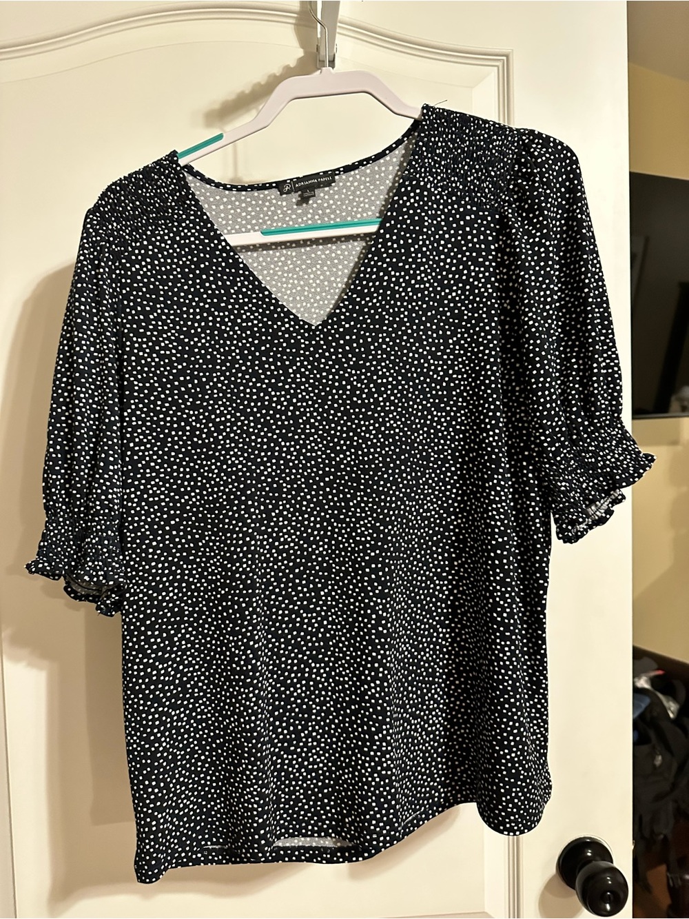 Adrianna Papell Blue Top with White Polka Dots